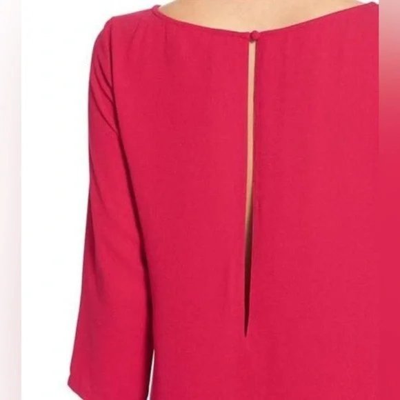 FREE🌟Leith Nordstrom Hot Pink 3/4 Sleeve Boat Neck Keyhole Crepe Shift Dress - Picture 5 of 9